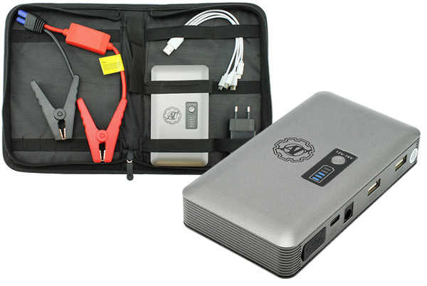 Пуско-зарядное устройство (аккумулятор 12000 мА/ч, фонарь, разьемы USB, в наборе провода, зажимы)