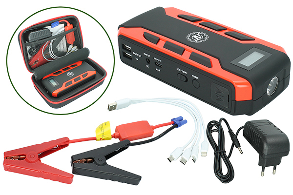 Пуско-зарядное устройство (аккумулятор 12000 мА/ч, кабель USB, провода с зажимами в наборе, футляр)
