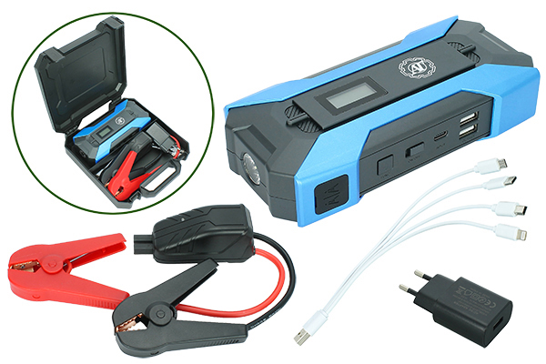Пуско-зарядное устройство (аккумулятор 12000 мА/ч, кабель USB, провода с зажимами в наборе, кейс)