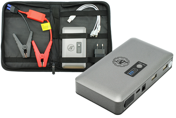 Пуско-зарядное устройство (аккумулятор 28000 мА/ч, фонарь, разьемы USB, в наборе провода, зажимы)